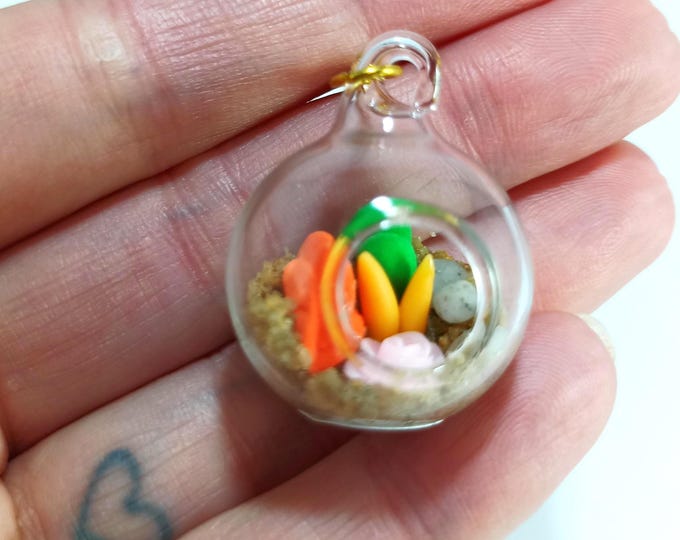 Miniature Glass Terrarium Necklace: Micro Clay Plants, Gold Chain