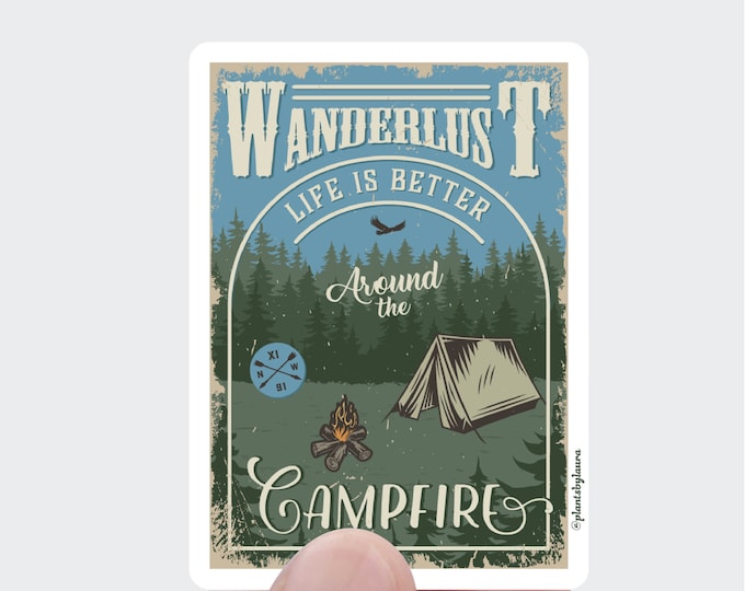 Wanderlust Campfire Sticker: Vintage Nature Art Decal