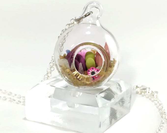 Miniature Glass Terrarium Necklace: Micro Clay Plants, Silver Chain
