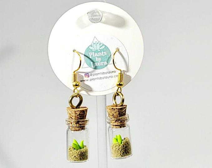 Plant Bottle Earrings/Handmade Tiny Clay Plant/Real Sand/OOAK