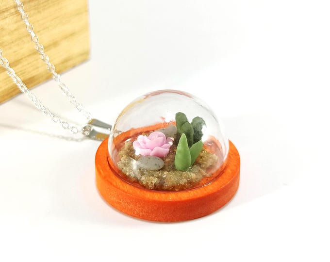 Miniature Glass Terrarium Necklace with Wood Base: Micro Clay Plants, Silver Chain
