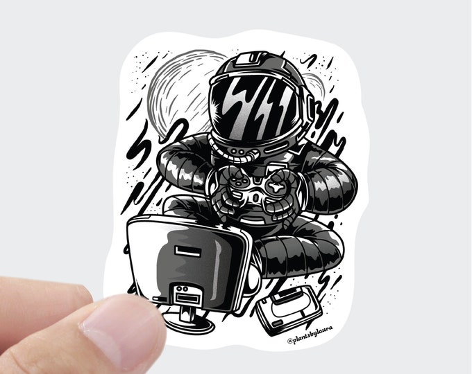 Gaming Astronaut Sticker: Matte Black and White Vinyl Decal