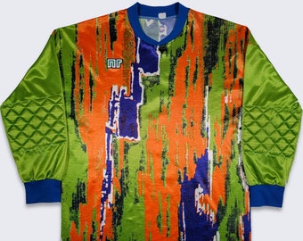 NR Vintage 90s Goalie Long Sleeve Soccer Jersey - Green Orange Blue Kit Shirt - Padded Elbows - Fits Size Extra Large ( XL ) - Free SHIPPING