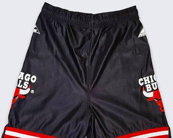 Chicago Bulls Vintage 90er Jahre Apex One Basketball Shorts - Glänzende Schwarz Weiß & Rot NBA Shorts - Michael Jordan - Größe Herren S - KOSTENLOSER VERSAND