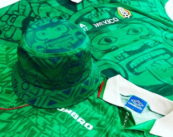 Mexico Soccer World Cup Retro Bucket Hat - Handmade - Based on Vintage Classic 90s Jerseys - Green Cap - Size Large & XL - FREE SHIPPING