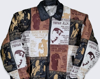 Tupac 2pac Shakur Vintage 90s Leather Jacket - Hip Hop Rap News Articles Patches Heavy Coat - Very Rare - Size XXXL ( 3XL ) - Free Shipping