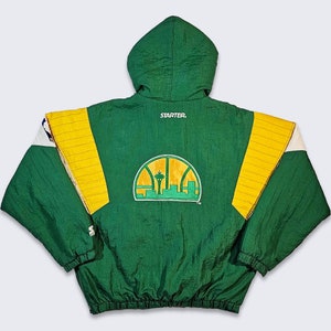 Seattle Super Sonics Vintage 90s Starter Jacket - NBA Basketball Green & Yellow Hooded Coat - Very Rare - Size Men&#39;s Large  - FREE Shipping