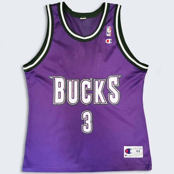 Milwaukee Bucks Vintage 90s Shawn Respert Champion Basketball Jersey - NBA - Maglia Viola - Taglia Uomo 44 Grande - Spedizione GRATUITA