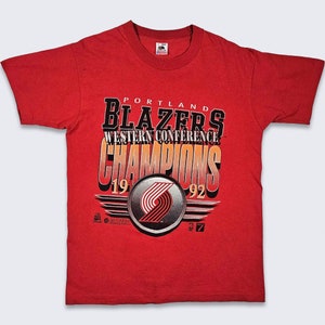 Portland Trail Blazers Vintage 90s Champions T-Shirt - Rip City - NBA Basketball Single Stitch Red Tee - Size Men&#39;s Large - FREE Shipping