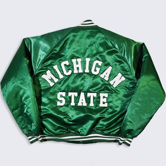 Michigan State Spartans Vintage 80s Chalk Line Satin Bomber - MSU University College Green Jacket - Men's Size : Large ( L ) - FREE SHIPPING