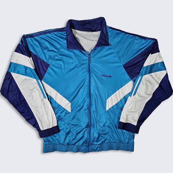 Adidas Vintage 90s Color Block Track Jacket - Silky Type Material - Blue, Navy & White Light Weight Coat - Size Men's Medium - FREE SHIPPING