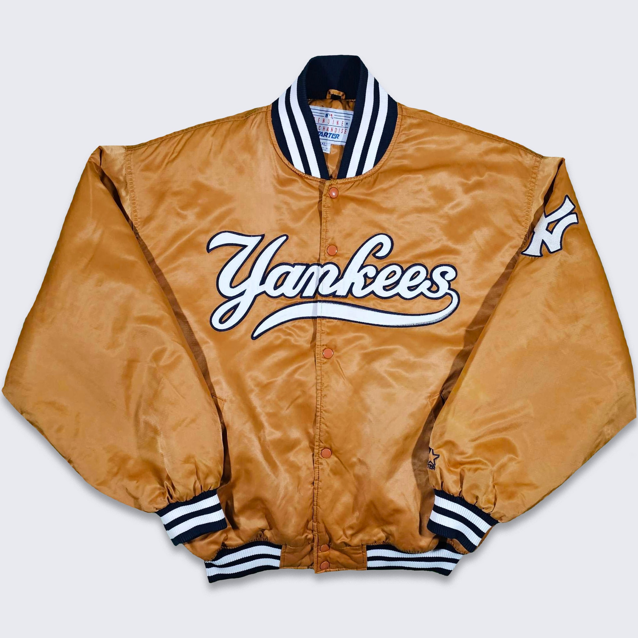 New York Yankees Vintage 90s Starter Satin Bomber Jacket MLB Baseball Brown Tan Navy Blue Coat Size Men s XL FREE Shipping Etsy