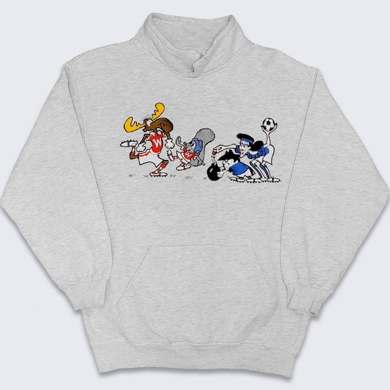 Rocky & Bullwinkle Vintage 90s Cartoon Sweatshirt - Universal Studios Heather Gray Sweater - Full Embroidered - One Size - FREE SHIPPING