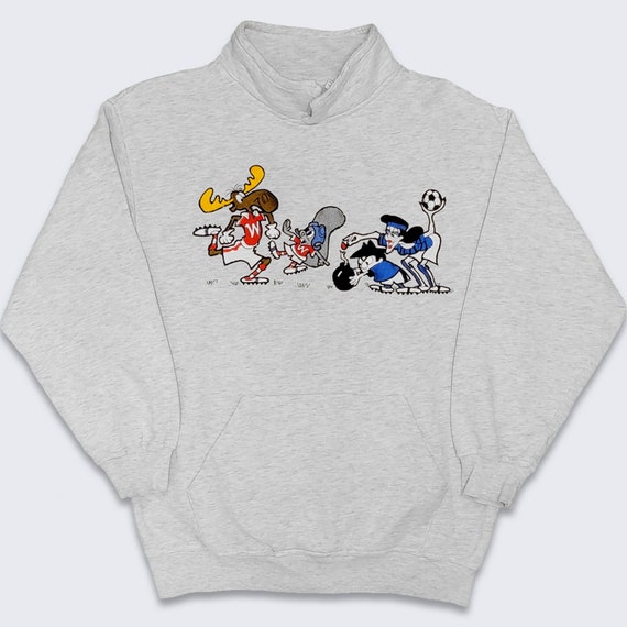 Rocky & Bullwinkle Vintage 90s Cartoon Sweatshirt - Universal Studios Heather Gray Sweater - Full Embroidered - One Size - FREE SHIPPING