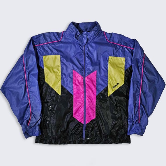 Adidas Vintage 90s Windbreaker Track Jacket - Light Weight Multi Color Coat - Stitched on Logo - Men's Size : Large ( L ) - FREE SHIPPING