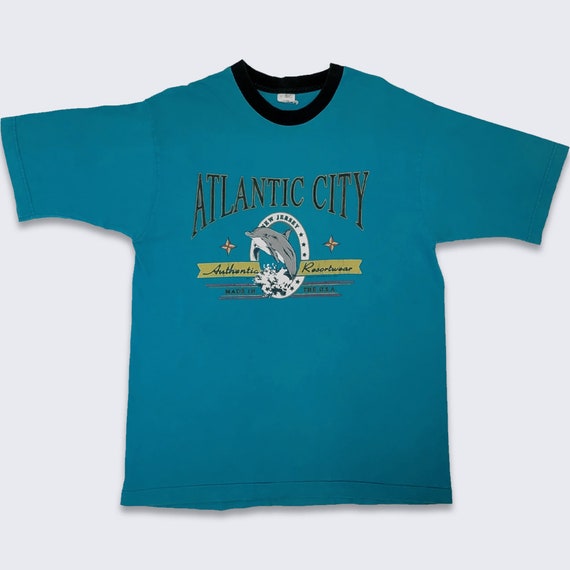 Atlantic City Vintage 90s Dolphin T-Shirt - Authentic Resortwear - Made in USA - Turquoise Destination Tee - Size Men's L - FREE Shipping