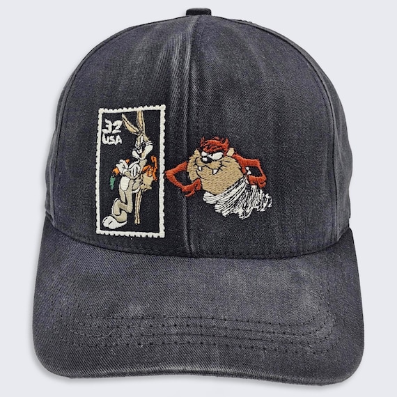 Looney Tunes Vintage 90s Bugs Bunny Taz Stamp Snapback Hat - Black Cartoon Baseball Style Cap - Stitched On Patch - One Size - FREE SHIPPING