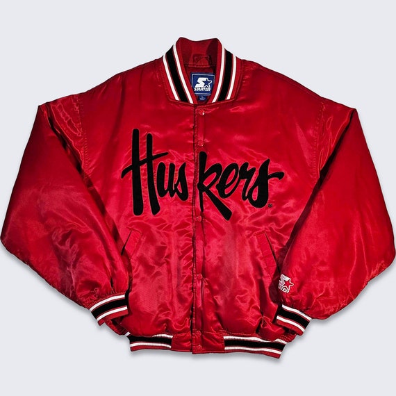 Nebraska Cornhuskers Vintage 90s Starter Satin Bomber Jacket - College University Red Heavy Weight Coat  - Size Men's Large - Free SHIPPING