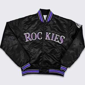 Colorado Rockies Vintage 90s Starter Satin Bomber Jacket - MLB Baseball Black & Puprle Coat - Made in USA - Size Men&#39;s Small - Free Shipping