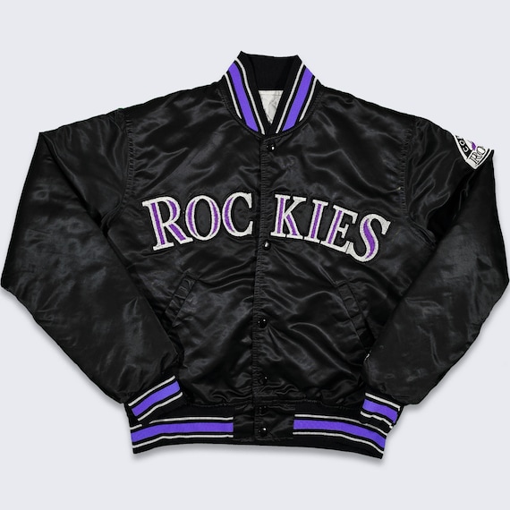 Colorado Rockies Vintage 90s Starter Satin Bomber Jacket - MLB Baseball Black & Puprle Coat - Made in USA - Size Men's Small - Free Shipping