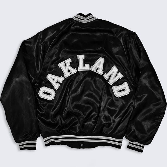 Oakland Raiders Vintage 90s Chalk Line Satin Bomber Jacket - Made in USA - Black Color Coat - Men's Size : Small ( S ) - Free SHIPPING