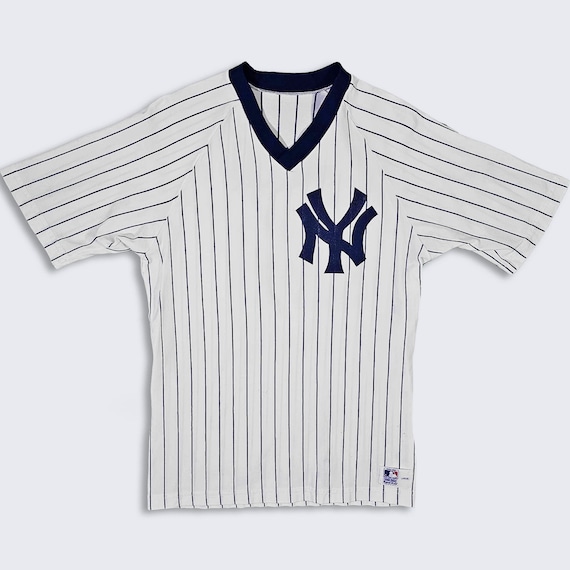 New York Yankees Vintage 80s Whitey Ford Sand Knit Baseball Jersey - White & Black Uniform Shirt - Men's Size : Large ( L ) - FREE SHIPPING