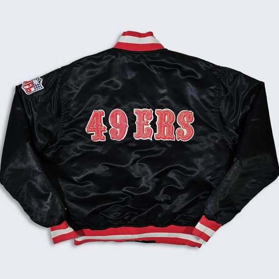 San Francisco 49ers Vintage 80s Starter Satin Bomber Jacket - Made in USA - NFL Football Black Coat - Men's Size Large ( L ) - Free Shipping