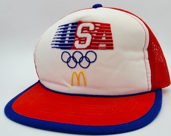 Team USA Olympics Vintage 80s McDonald's Trucker Snapback Hat - Red & White Cap - Made in 1984 - One Size Fits All - FREE SHIPPING -