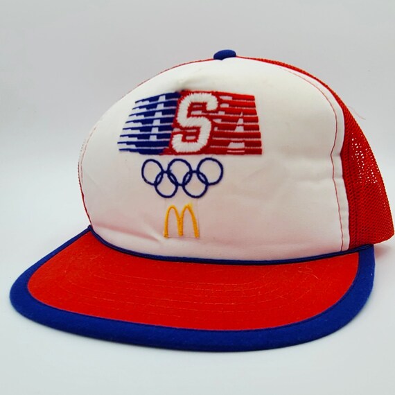 Team USA Olympics Vintage 80s McDonald's Trucker Snapback Hat - Red & White Cap - Made in 1984 - One Size Fits All - FREE SHIPPING -