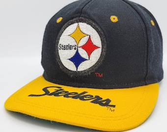 Pittsburgh Steelers Vintage 90s Snapback Hat - Black & Yellow Color Cap - Green Under Bill - Stitched On Logo - One Size - FREE SHIPPING
