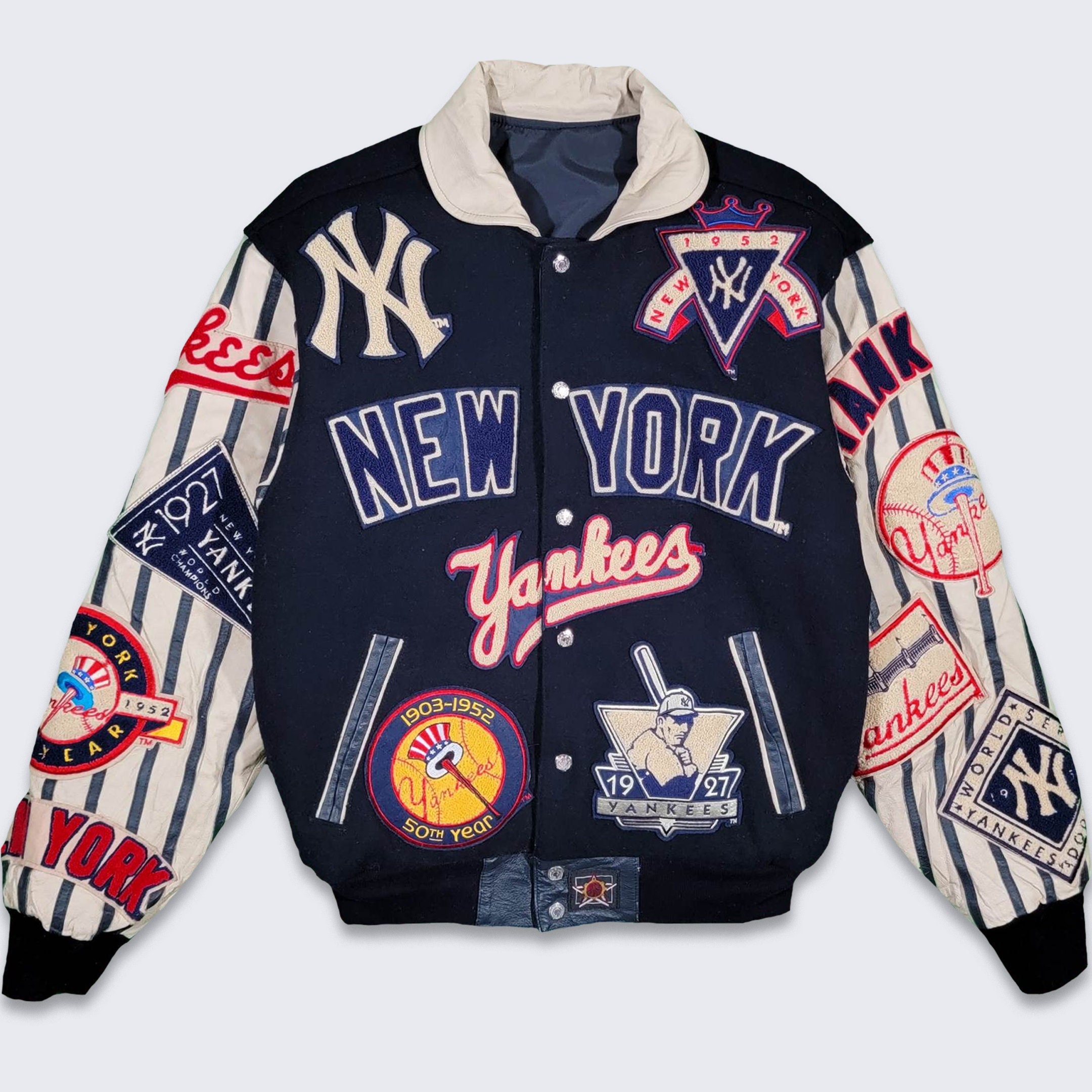 Maker of Jacket Varsity Jackets Navy NBA Teams Collage Jeff Hamilton Wool