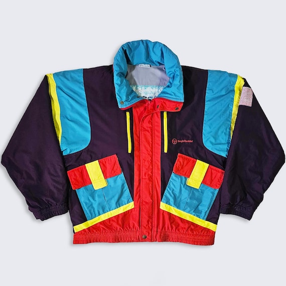 Sergio Tacchini Vintage 90s Italy Ski Jacket - Fold Out Hood - Zipper Closure - Made in Italy - Men's Size : Large ( L ) - FREE SHIPPING