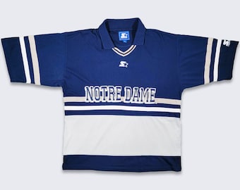 Notre Dame Fighting Irish Vintage 90s Starter Polo Shirt - Blue and White Collared Tee - Stitched on Logos & Letters - Large - FREE SHIPPING