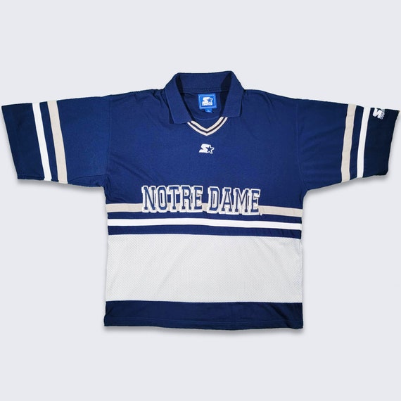 Notre Dame Fighting Irish Vintage 90s Starter Polo Shirt - Blue and White Collared Tee - Stitched on Logos & Letters - Large - FREE SHIPPING