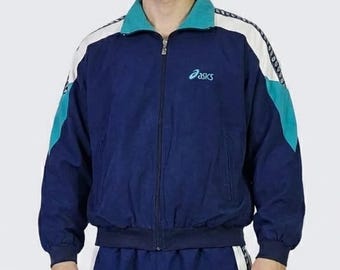ASICS ジップアップジャケット Euroビンテージミントグリーン/ネイビー Asics Vintage 90s Full Track Suit - Includes Pants & Jacket - Etsy