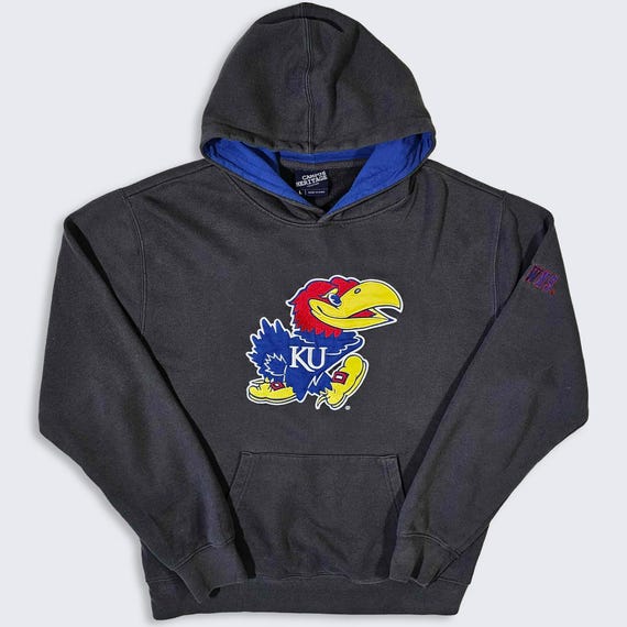 Kansas Jayhawks Campus Heritage Hoodie Sweatshirt - Stitched Big Logo - KU University College Pullover - Size : Large ( L ) - Free Shipping