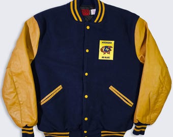 Michigan Wolverines Vintage 90s Varsity Bomber Jacket - Wool & Leather - University College Navy Blue Yellow Coat - Size: XL - FREE SHIPPING