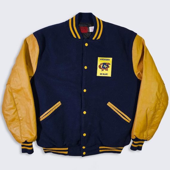 Michigan Wolverines Vintage 90s Varsity Bomber Jacket - Wool & Leather - University College Navy Blue Yellow Coat - Size: XL - FREE SHIPPING