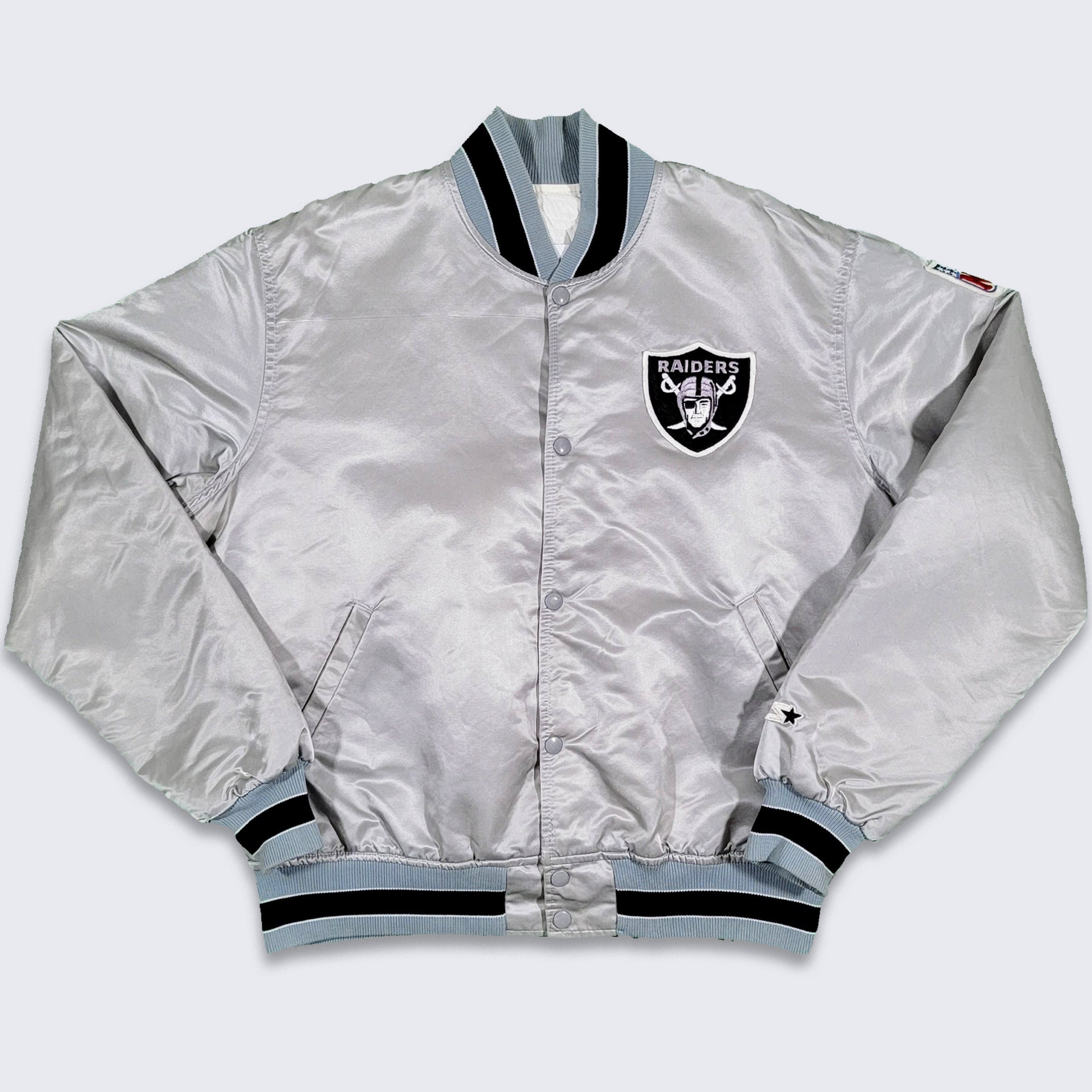 Los Angeles Raiders Vintage 80s Starter Silver Satin Bomber Jacket Oakland Las Vegas NFL Football Coat Size Large