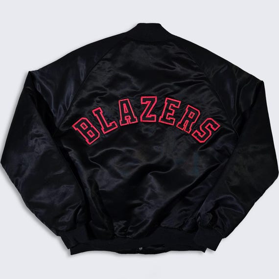 Portland Trail Blazers Vintage 80s Chalk Line Satin Bomber Jacket - Black Color Coat - Stitched On - Men's Size Medium ( M ) - Free Shipping