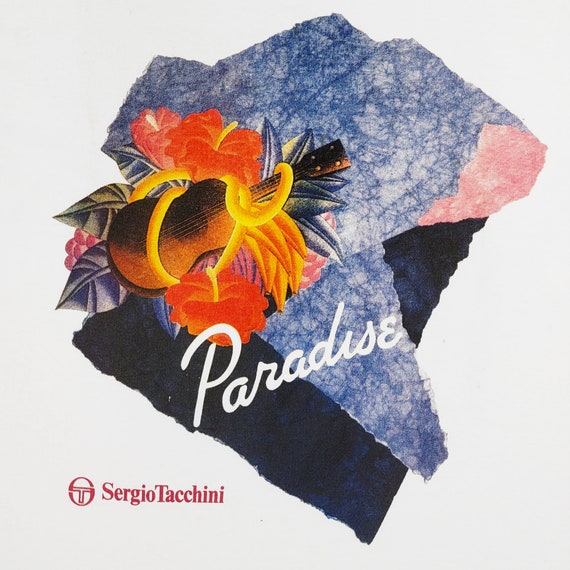 Sergio Tacchini Vintage 90s Paradise T-Shirt - Made in Italy - Single Stitch White Tee - Art Printed on Front - Size Large - FREE SHIPPING