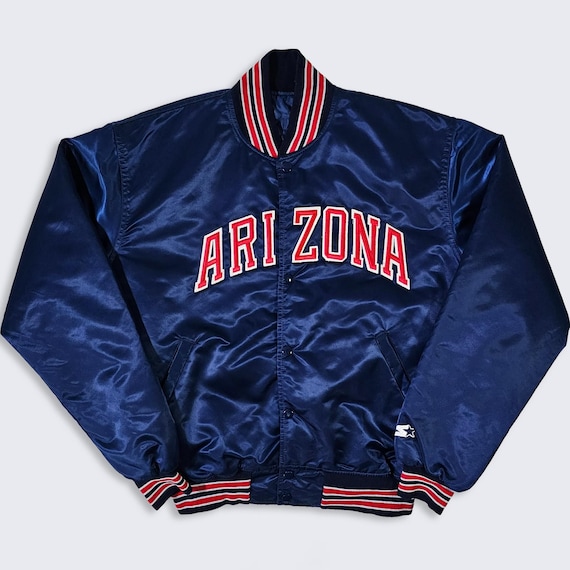 Arizona Wildcats Vintage 80s Starter Satin Bomber Jacket - Navy Blue Color Coat - Made in USA - Men's Size : Large ( L ) - Free Shipping