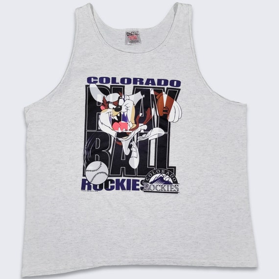 Colorado Rockies Vintage 90s Looney Tunes Taz Tank Top T-Shirt - MLB Baseball Oneita Heather Gray Tee - Made in USA - Size XL -Free Shipping
