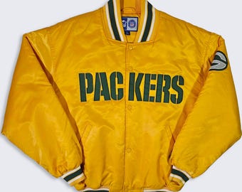 Green Bay Packers Vintage 90s Starter Satin Bomber Jacket - Yellow Color NFL Football Coat - Men's Size : Large ( L ) - Free Shipping