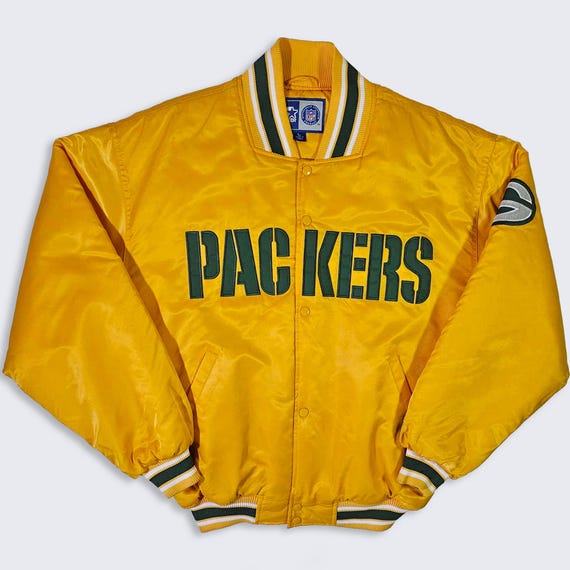 Green Bay Packers Vintage 90s Starter Satin Bomber Jacket - Yellow Color NFL Football Coat - Men's Size : Large ( L ) - Free Shipping