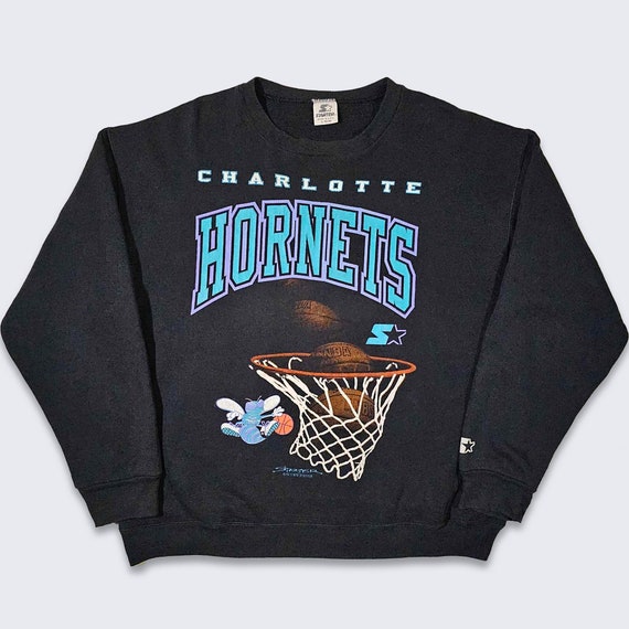 Charlotte Hornets Vintage 90s Starter Sweatshirt - Black Color Athletic Pullover -  Made in USA - Size Men's : Large ( L ) - Free SHIPPING