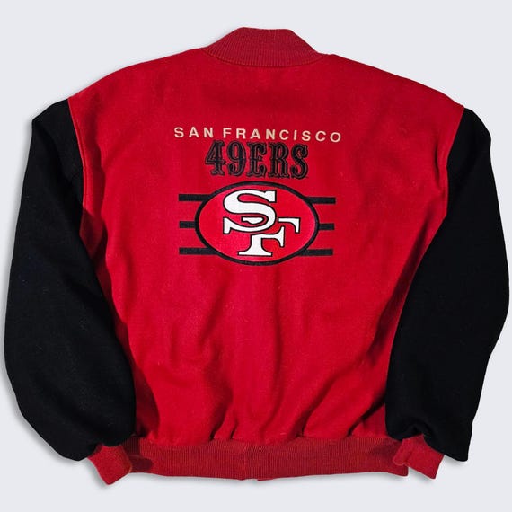 San Francisco 49ers Vintage 90s DeLong Varsity Jacket - NFL Football Red & Black Bomber Coat - Size Men's : Extra Large (XL) - Free Shipping