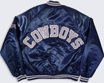 Dallas Cowboys Vintage 80s Chalk Line Satin Bomber Jacket - Navy Blue Color Coat - Snap Closure - Men's Size : Large ( L ) - Free SHIPPING