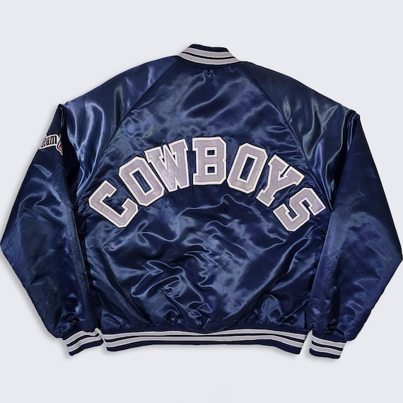 Dallas Cowboys Vintage 80s Chalk Line Satin Bomber Jacket - Navy Blue Color Coat - Snap Closure - Men's Size : Large ( L ) - Free SHIPPING