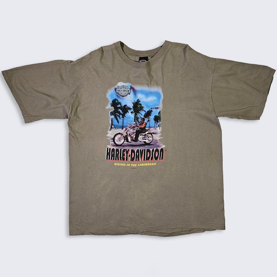 Harley Davidson Vintage Y2K Virgin Islands T-Shirt - Gray Color Tee - 100% Cotton - Men's Size : Extra Large ( XL ) - Free Shipping